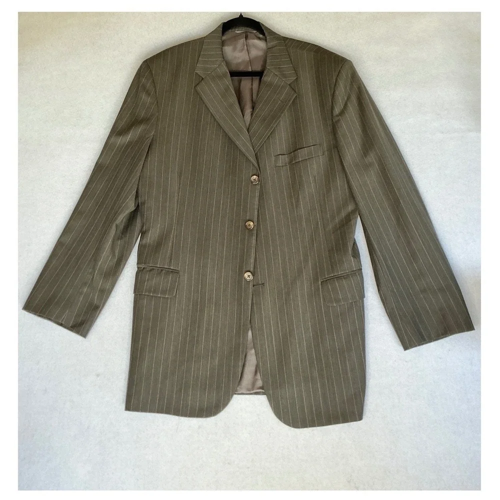H. Freeman & Son Blazer Men44R Olive Pinstripe Custom Tailored Culwell & Son USA